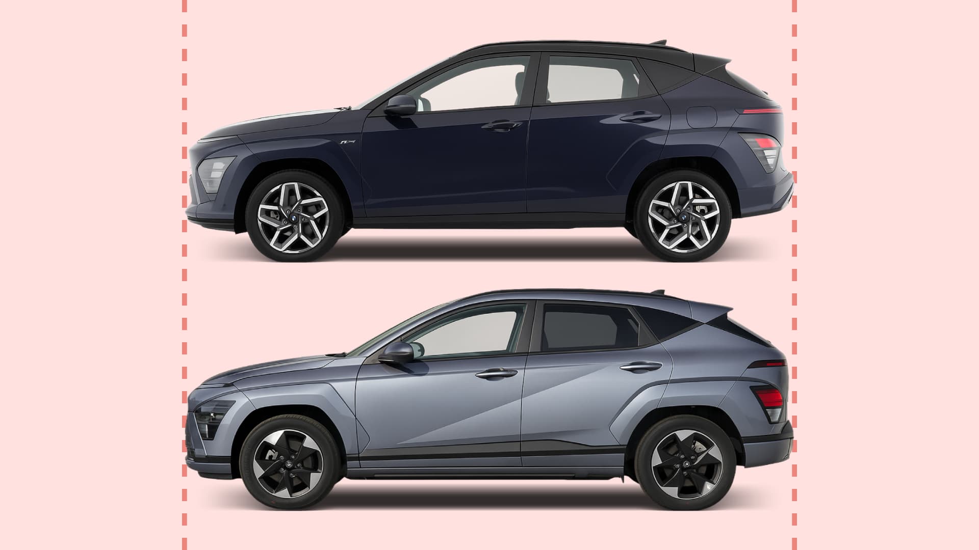 Hyundai Kona vs Kona Electric side overlaid size comparison